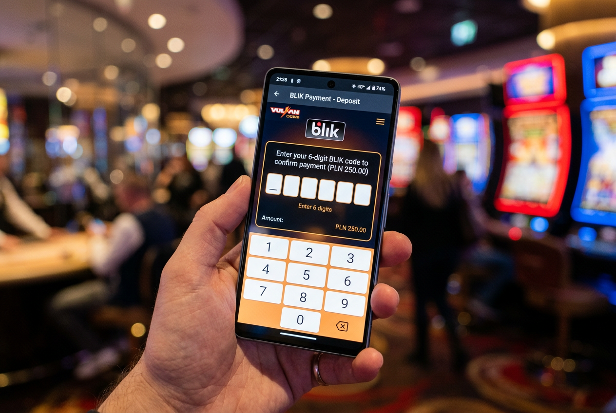 Zbliżenie na smartfon wyświetlający płatność kodem BLIK w aplikacji mobilnej kasyna
