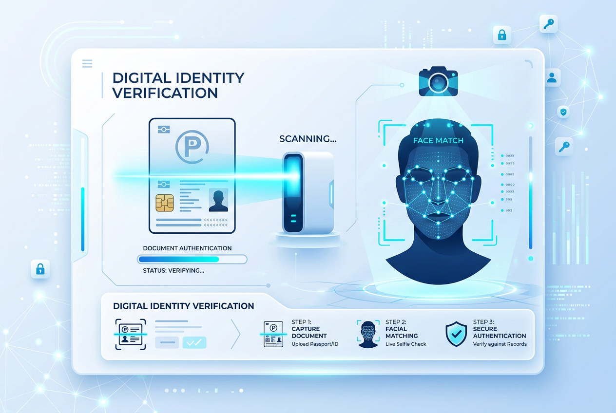 Infografika przedstawiająca proces weryfikacji tożsamości KYC w nowoczesnym kasynie online