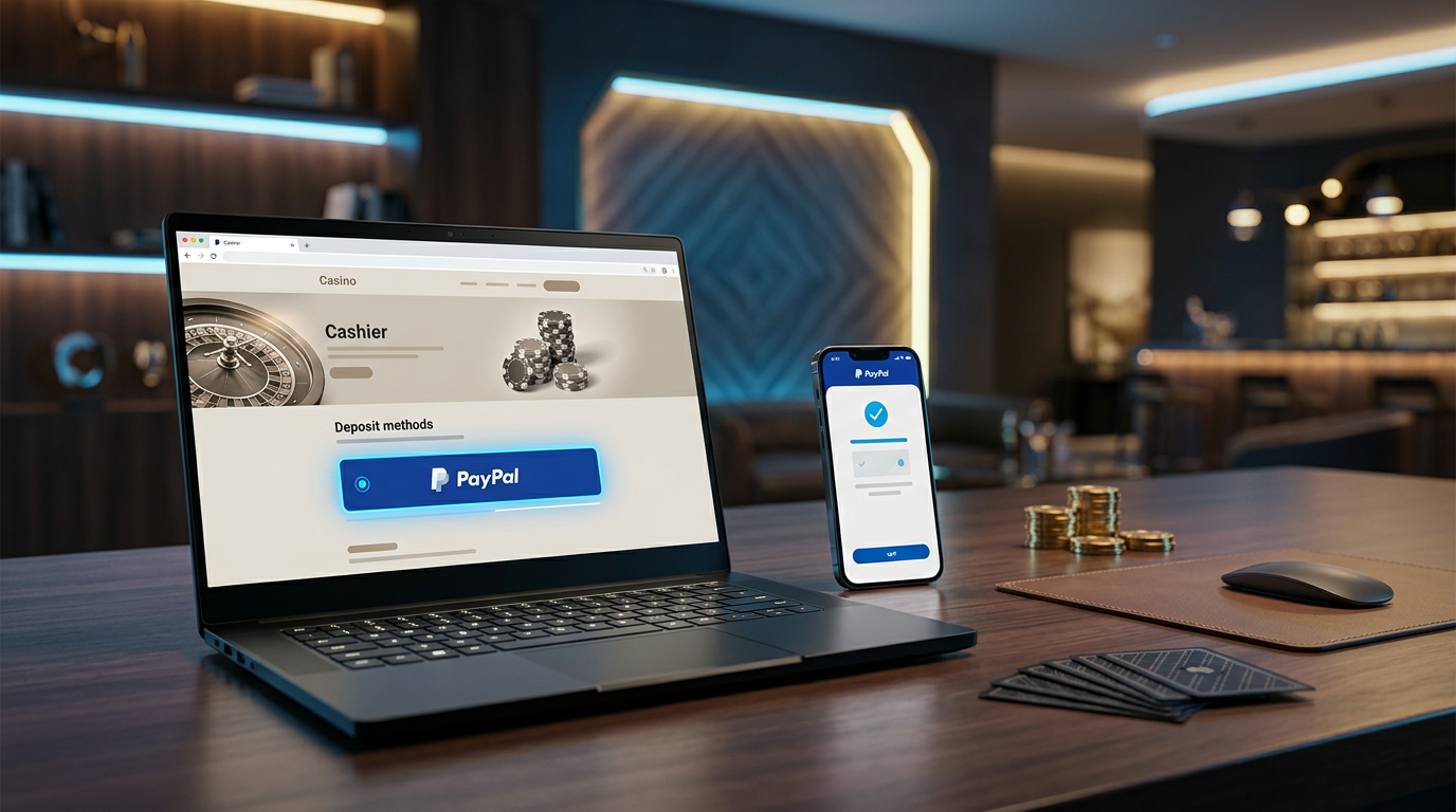 Laptop i smartfon z aplikacją PayPal oraz złote żetony kasynowe na biurku