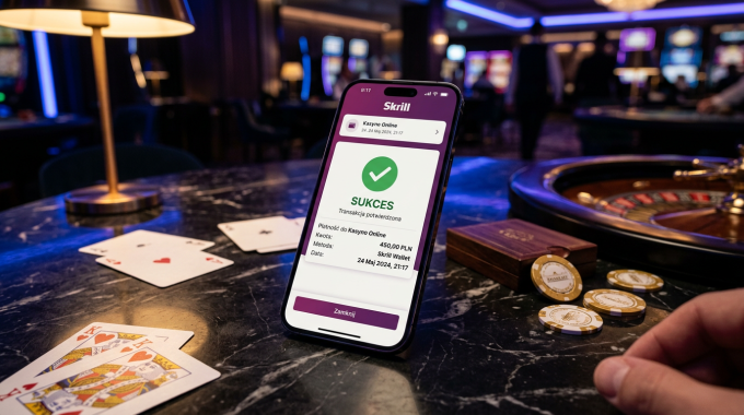 Smartfon z aplikacją Skrill i potwierdzeniem płatności w kasynie online