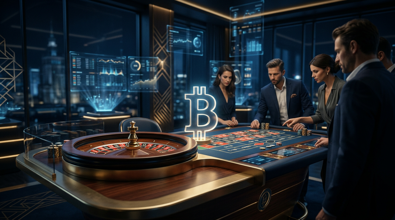 Futurystyczne kasyno bitcoin z symbolem kryptowaluty i cyfrowym interfejsem