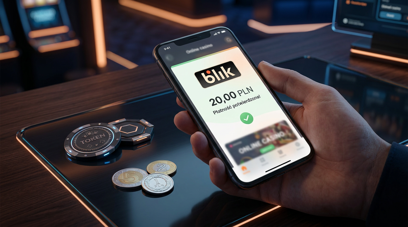 Smartfon z aplikacją płatniczą BLIK i monety PLN na tle interfejsu kasyna online