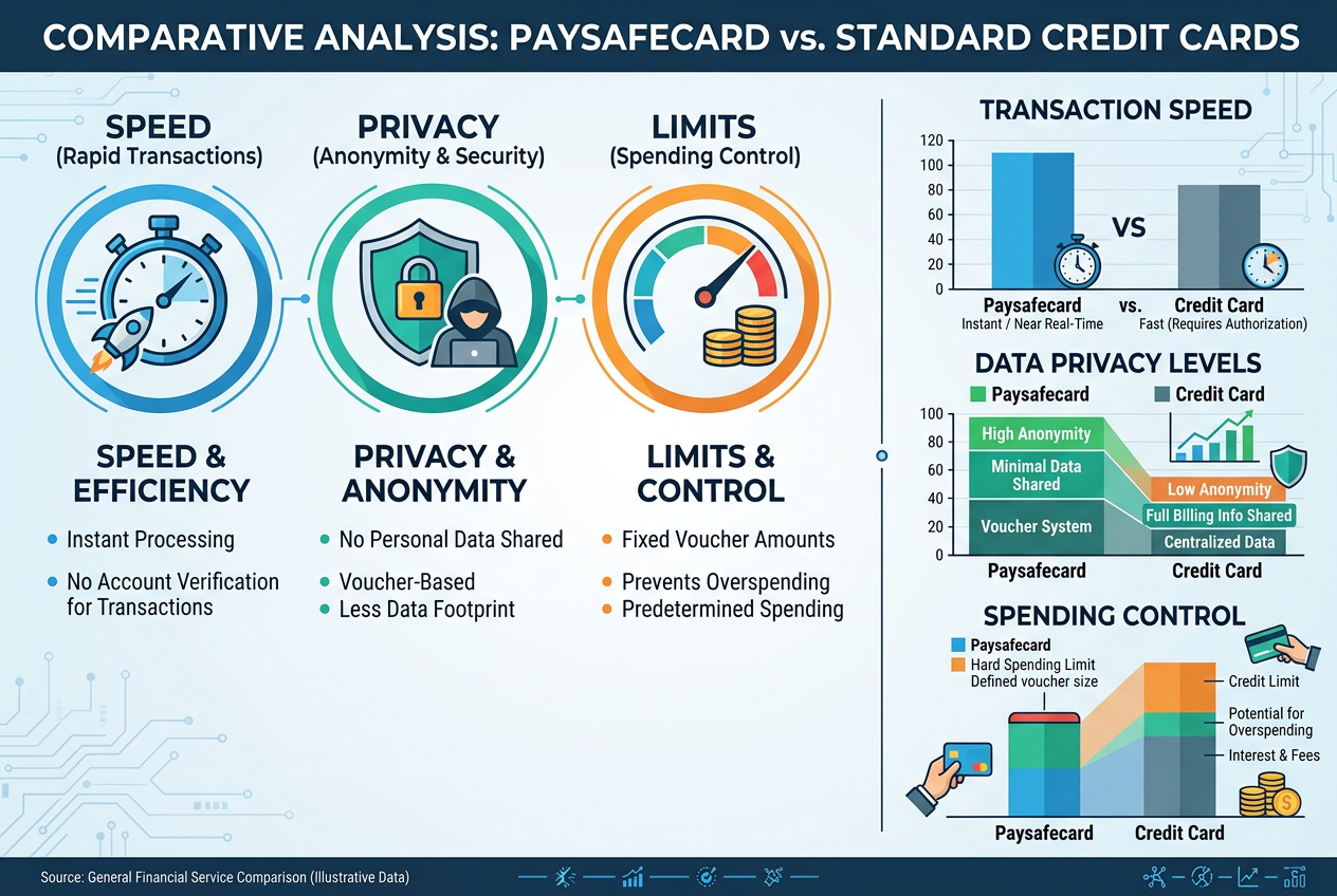 Infografika porównująca szybkość i prywatność Paysafecard