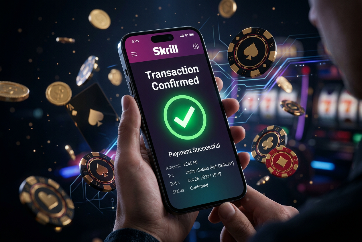 Interfejs aplikacji mobilnej Skrill z potwierdzeniem błyskawicznej transakcji